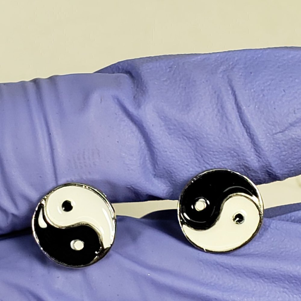 Silver-Tone Yin Yang Stud Earrings – Black White Symbol, 0.4" Minimalist Jewelry - Picture 5 of 8